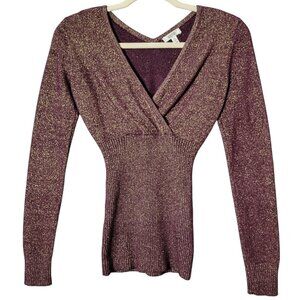 Cache Womens Burgundy Gold Metallic Y2K Ribbed V-Neck Wrap Sweater Top XS